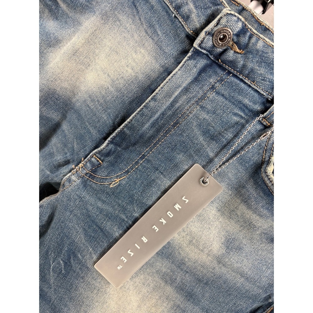 Smoke Rise Slim Tapered Distressed Jeans 38x32 Blue Sandblasted Y2K Streetwear